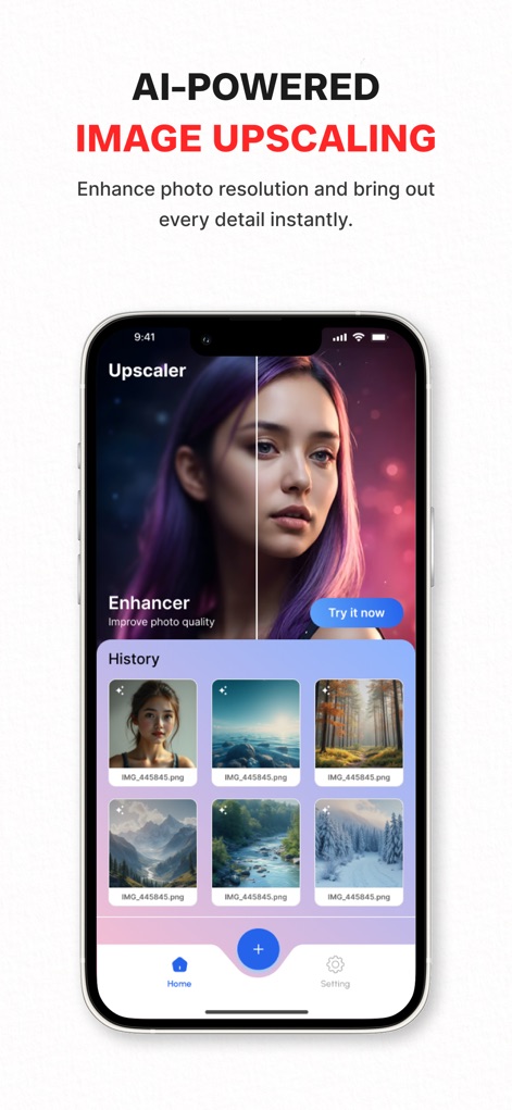 Image Upscaler AI - このアプリは、AI技術で画像の解像度を向上させ、細部を鮮明にします。トップ画面では、画像の高画質化前後の比較と、過去に処理された画像の履歴が確認できます。