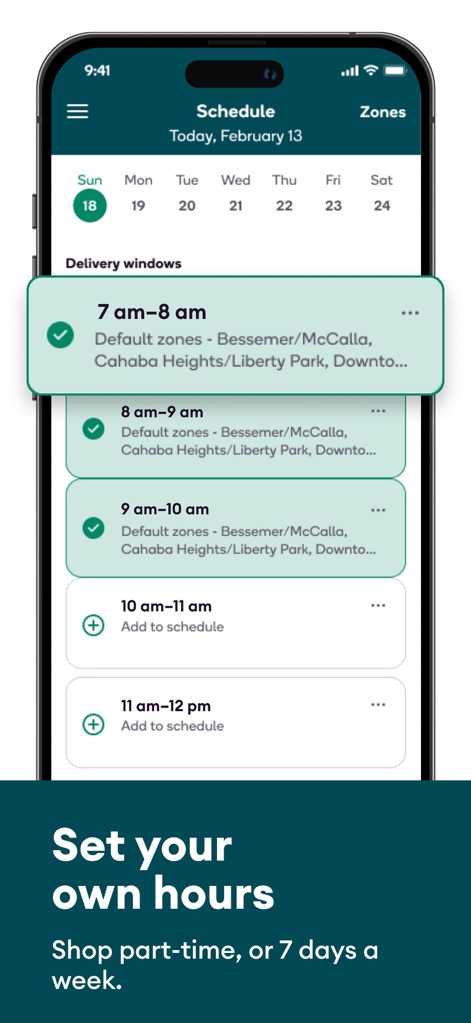 Shipt: Shopper and Driver - Die App präsentiert eine übersichtliche Terminübersicht, die es Nutzern ermöglicht, ihre Verfügbarkeit flexibel zu planen. Besonders hervorzuheben sind die auswählbaren Lieferfenster und die Tagesübersicht mit den buchbaren Schichten.