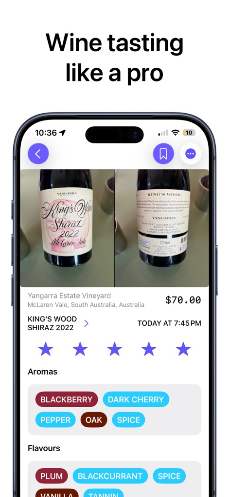 gotBottle: Wine Notes - Dieses Tool bietet eine detaillierte Ansicht des Weins, inklusive mehrerer Fotos des Flaschenetiketts und einer Auflistung spezifischer Aromen- und Geschmacks-Tags wie Brombeere und Pflaume.