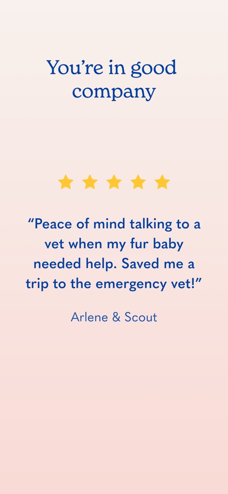 Airvet for Pet Parents - The app highlights its strong user satisfaction through prominent 5-star ratings and impactful customer testimonials from pet parents.