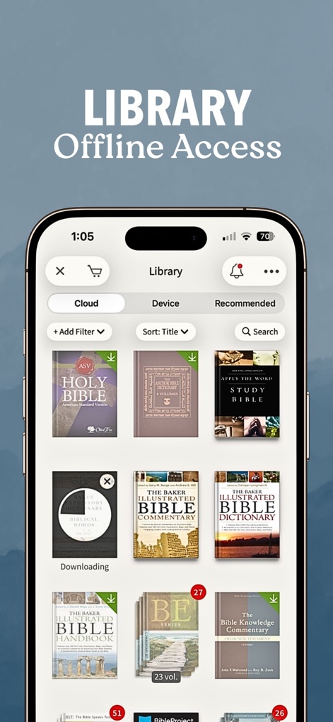 Bible App - Read & Study Daily - This tool offers a vast library of downloadable resources, including various study Bibles and commentaries, all available for offline access via the "Cloud" or "Device" filters.