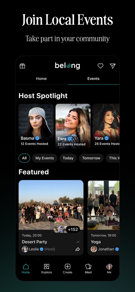 Belong - Meet New People - The app highlights community leaders in the "Host Spotlight" section, enabling users to find creators like Basma and Esra, and provides access to diverse "Featured" events such as the "Desert Party" and "Yoga" classes.