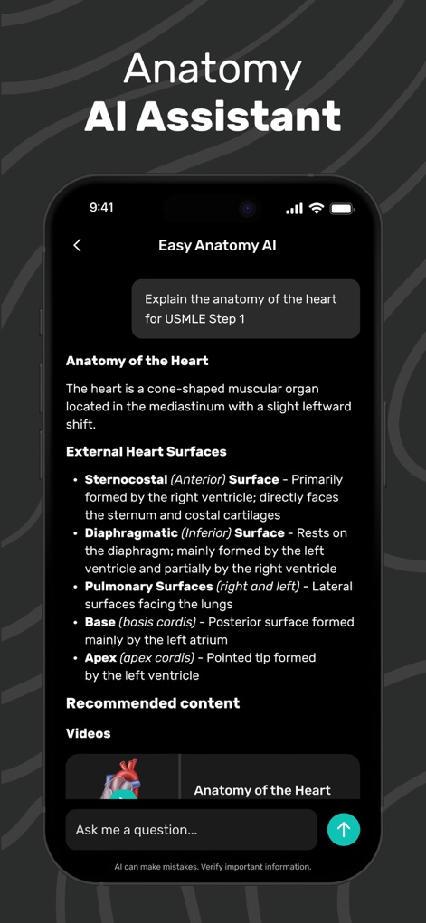Easy Anatomy 3D - Engage with the app's AI assistant, providing detailed anatomical explanations and recommending relevant videos for enhanced learning.