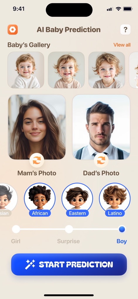 Future Baby Generator・AI Face - Cet outil permet d'uploader précisément les photos "Mam's Photo" et "Dad's Photo", offrant des options de style variées pour l'enfant, comme les traits Africains ou Latins.