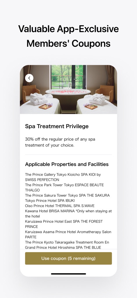 Seibu Prince Global Rewards - L'app presenta un esclusivo coupon "Spa Treatment Privilege" che offre uno sconto del 30%, corredato da una lista dettagliata delle numerose strutture applicabili, permettendo agli utenti di scegliere dove usufruire del beneficio.