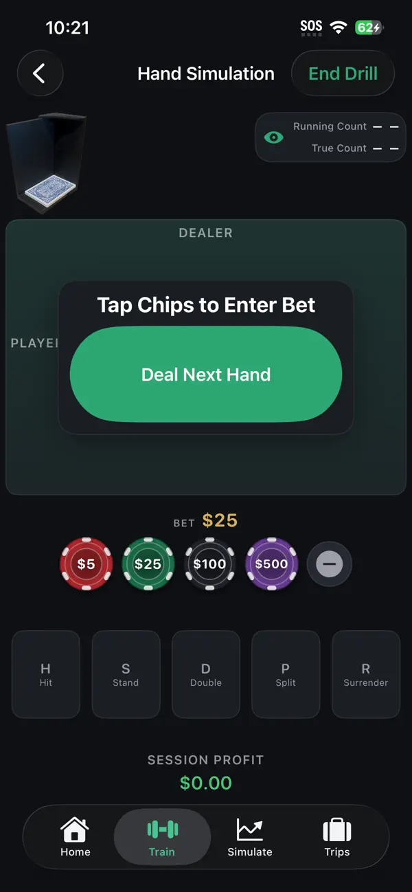 Hand simulation: tap chips to place a bet before dealing the next hand