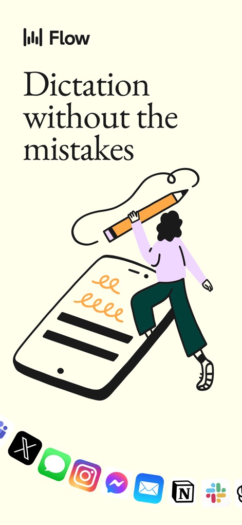 Wispr Flow: AI Voice Keyboard - Die App ermöglicht fehlerfreies Diktieren, wie die Illustration einer Person, die auf einem Smartphone schreibt, verdeutlicht, und ist dabei nahtlos in diverse Anwendungen integrierbar, was die Vielzahl der App-Icons am unteren Rand demonstriert.