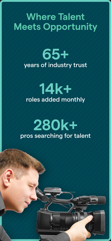 Backstage - Casting Calls - The app highlights impressive statistics such as '14k+ roles added monthly' and '280k+ pros searching for talent', demonstrating its extensive reach and active community.