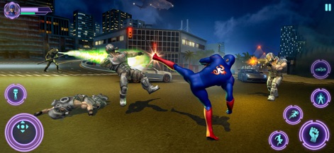 Grand Superhero Justice Sim - The app showcases powerful kick attacks and the visual impact of elemental energy attacks from enemies during street confrontations.