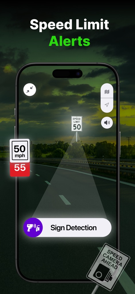 Car Play Connect: Sync My Auto - Users benefit from crucial safety features including prominent speed limit alerts and real-time sign detection, complemented by warnings for approaching speed cameras to promote aware driving.