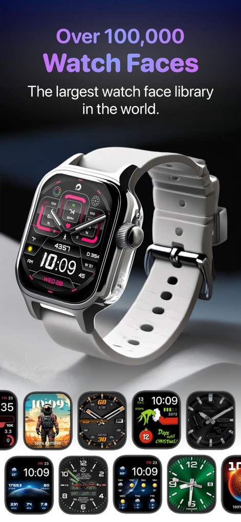 Watch Faces App - Watchmaker - 이 앱은 100,000개 이상의 시계 페이스를 제공하며, 메인 시계 화면에서는 날짜와 시간 정보 및 심박수 모니터링을 확인할 수 있습니다.