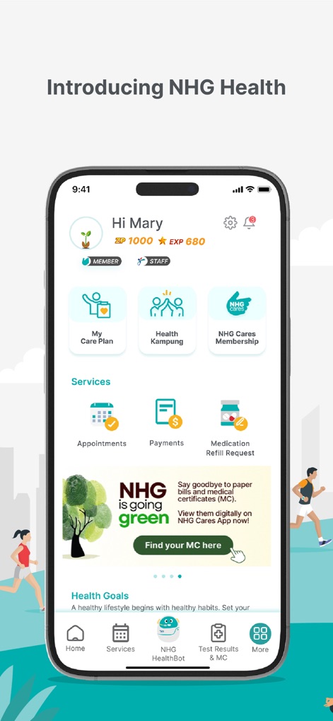 NHG Health - The app's main dashboard provides quick access to services like 'My Care Plan' and displays a personalized greeting with membership status.
