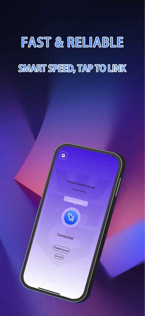 Shadowrocket-小火箭加速器vpn - The app features an intuitive 'click to connect' button and displays available '26 server options' for quick setup.