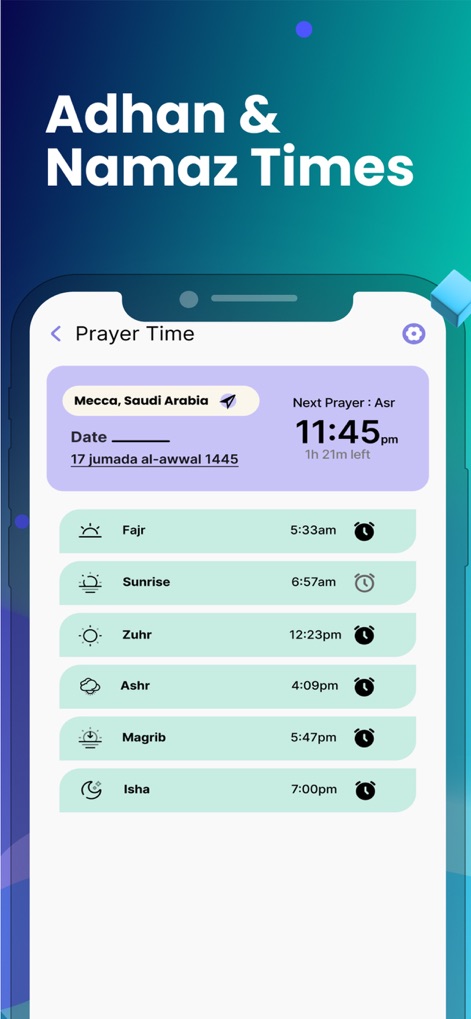 AL Quran MP3 Audio Offline - Esta función detalla 'todos los tiempos de oración diarios' y resalta 'la hora de la próxima oración', permitiendo a los usuarios mantenerse al tanto de sus obligaciones religiosas.