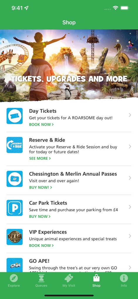 Chessington Resort - The app's integrated 'Shop' allows for convenient purchases, offering quick access to 'Day Tickets' and 'Annual Passes' alongside other essential visit upgrades.