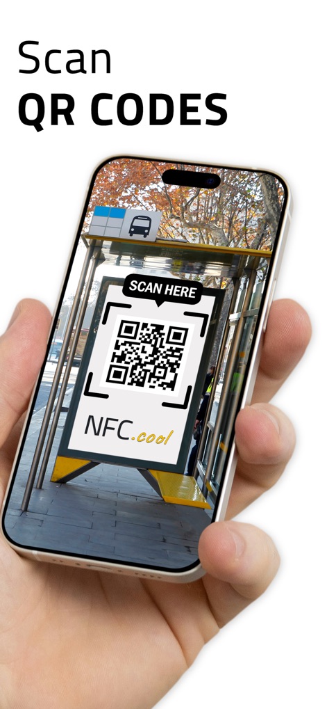 NFC.cool Tools Tag Reader - The app provides robust live QR code scanning capabilities, demonstrating its practical use in real-world scenarios such as interacting with a bus stop advertisement.