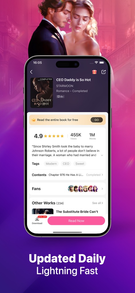 MoboReader: Top Novels & Books - This screen provides comprehensive book information, including a 4.9-star rating and the prominent "Read Now" button for immediate access.