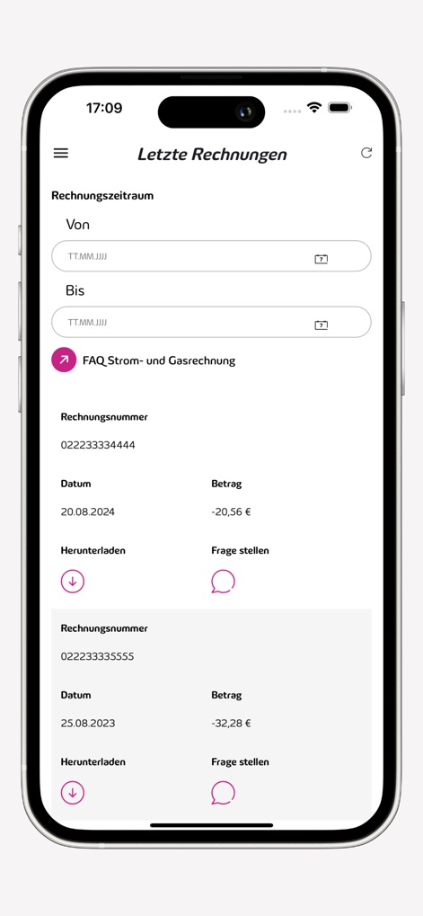 Meine Süwag - Users can review past invoices, filtered by specific billing periods, and access details like the invoice number and amount, with direct download options.