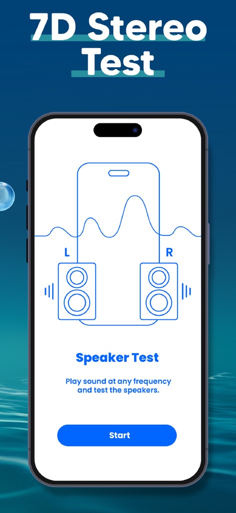 Water Eject - Clear Wave PRO - This screen demonstrates the "Speaker Test" feature, allowing users to visually monitor "L" and "R" speaker output and "play sound at any frequency" for comprehensive diagnostics.