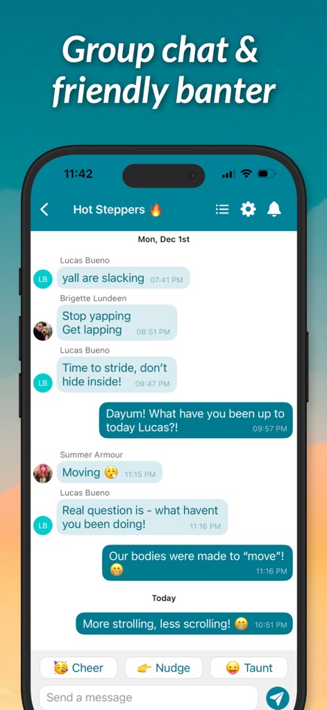 StepUp Pedometer Step Counter - The platform fosters community engagement through real-time group messaging within challenges and presents conversations clearly with personalized chat bubbles.