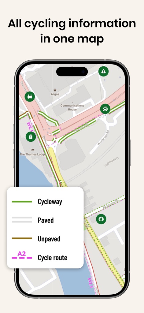 Cyclers: Bike Route Planner - La herramienta consolida toda la información relevante para el ciclismo en un solo mapa, incluyendo una leyenda detallada de tipos de vía y la visualización de la red ciclista.