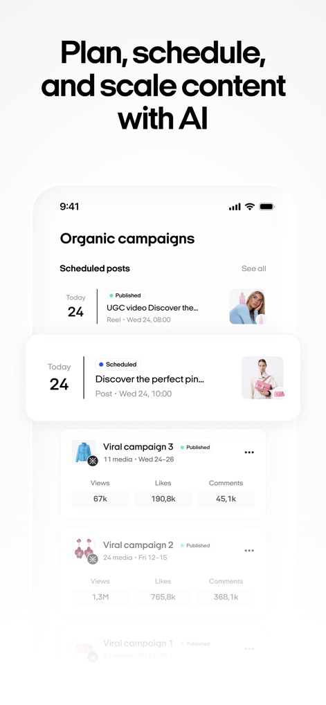 Zeely: AI Marketing Platform - La piattaforma ottimizza la strategia di contenuti organici, mostrando i "post programmati" per una pianificazione precisa e le metriche di "Viral campaign 3" che rivelano l'engagement e la portata.