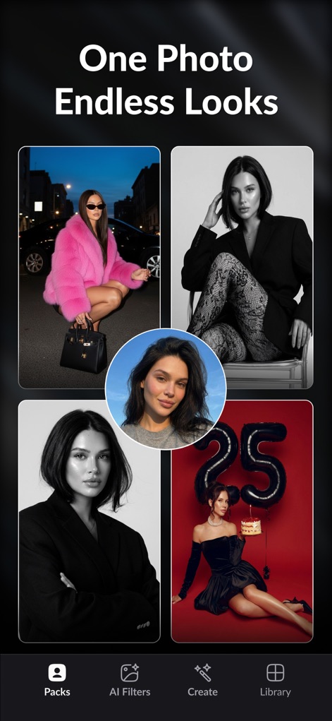 AI Photo Video Generator: AURA - Observe the app's capacity to generate "One Photo Endless Looks," producing diverse portrait styles from a single input image, ranging from a vibrant pink fur coat to classic black and white.