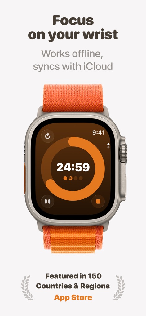 FocusPomo · Pomodoro Timer - 사용자는 Apple Watch 인터페이스를 통해 손목 위에서 직접 집중 시간을 관리하고 원형 타이머로 진행 상황을 쉽게 확인할 수 있습니다.