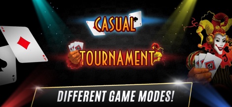 Murlan Pro - L'app presenta diverse modalità di gioco, come il "CASUAL TOURNAMENT", accompagnate da un vivace personaggio in stile Joker.
