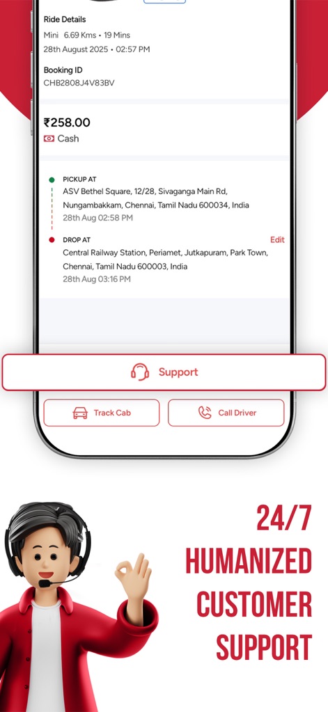 Red Taxi - Cab Booking App - This screen provides a comprehensive ride summary including pickup/drop locations and allows users to directly contact their driver or access support.