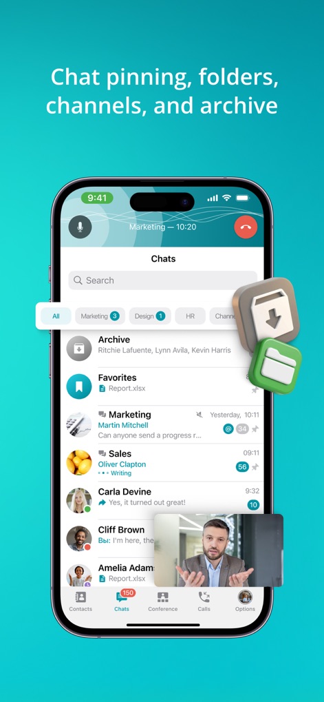 TrueConf: Business Messenger - Die App bietet eine übersichtliche Chat-Liste mit Kategorien wie 'Marketing' und 'Design', ergänzt durch Funktionen wie Chat-Fixierung und Archivierung zur besseren Übersicht.