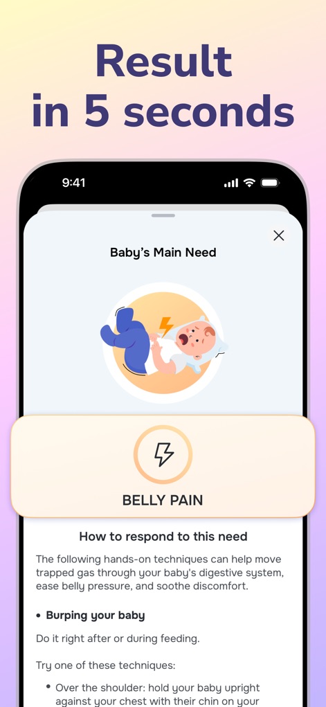 Cry Analyzer · Baby Translator - Questo strumento offre una diagnosi chiara come "Belly Pain" in soli 5 secondi, accompagnata da consigli dettagliati su come intervenire per calmare il bambino.