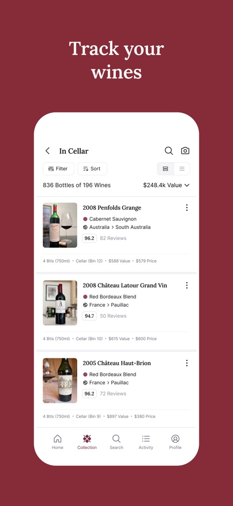 CellarTracker: #1 Wine Tracker - Cette interface permet un suivi clair des vins en cave, affichant des détails essentiels comme la "valeur estimée" et le "nombre de bouteilles" pour chaque référence, facilitant la gestion.