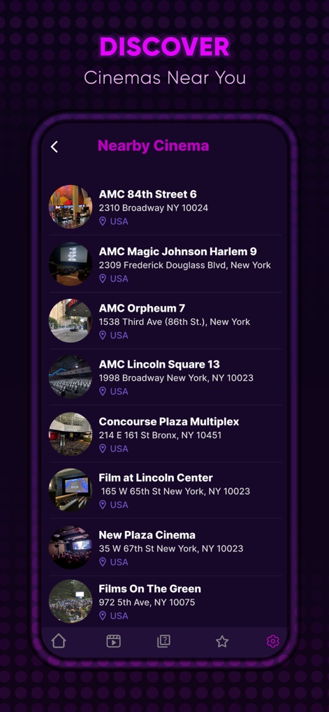 Drama Slay : Kdrama Movie Go - 사용자는 '내 주변 영화관' 목록을 통해 가까운 극장을 쉽게 찾을 수 있으며, 각 극장의 이름과 주소, 그리고 실제 모습을 보여주는 작은 썸네일 이미지를 함께 확인할 수 있습니다.