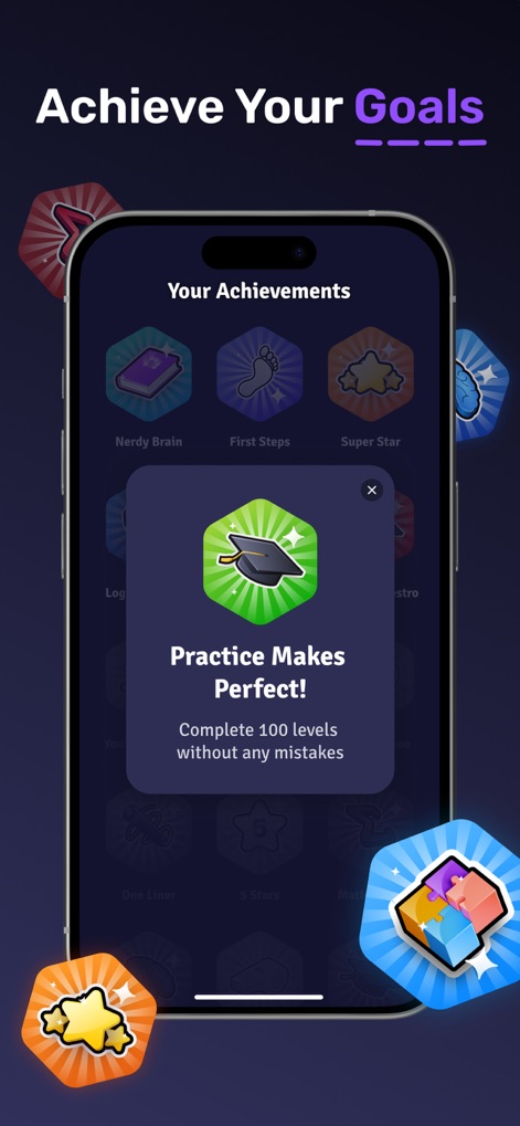 Clever: Brain Training Games - The app motivates users with gamified achievement badges for reaching specific milestones and reinforces learning through motivational pop-up messages.