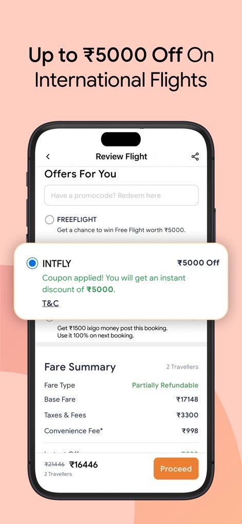 ixigo: Flight & Hotel Booking - This screen highlights significant savings on international flights, showing an "Offers For You" section for coupon application and a detailed "Fare Summary" reflecting the discount.