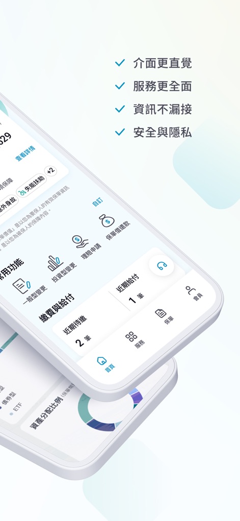 富邦人壽APP - L'app presenta una navigazione chiara con le quattro schede principali "Homepage", "Servizi", "Polizze" e "Membro" nella parte inferiore, e offre funzioni rapide come la "Richiesta di Risarcimento" (理賠申請) e la "Gestione Prestiti" (保單借款).