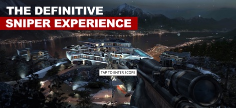 Hitman Sniper - Experience the app's immersive first-person perspective and detailed Montenegro setting, complete with the 'Tap to Enter Scope' prompt.