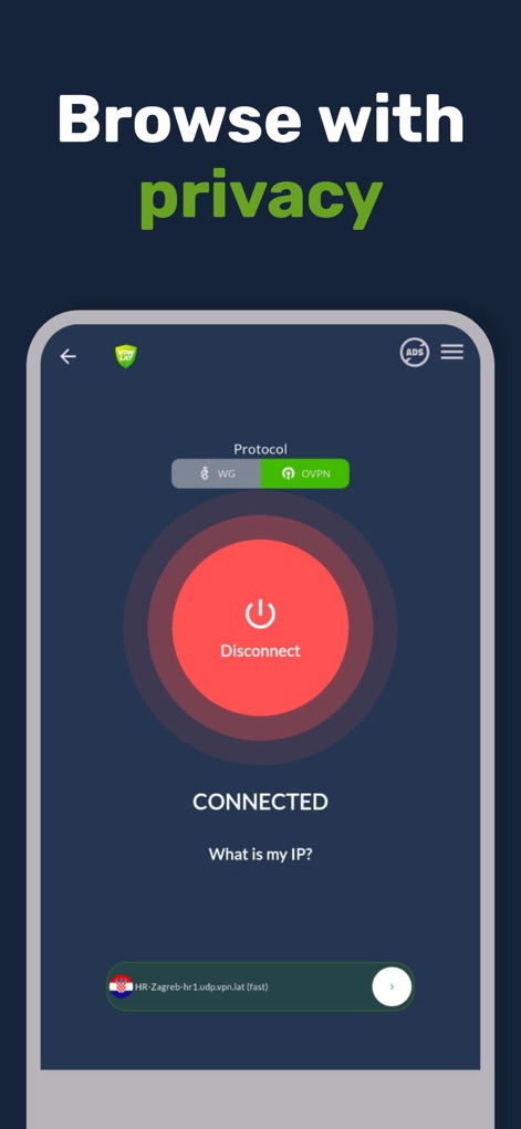 VPN.lat: unlimited and secure - La pantalla principal muestra el estado "Connected" y el botón rojo de "Disconnect", asegurando al usuario que su privacidad y anonimato están activos.
