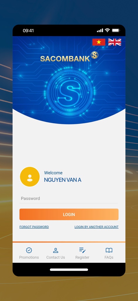 SACOMBANK mBanking - L'application SACOMBANK mBanking assure une entrée sécurisée, présentant un formulaire de connexion clair avec le nom de l'utilisateur et des options de langue conviviales.