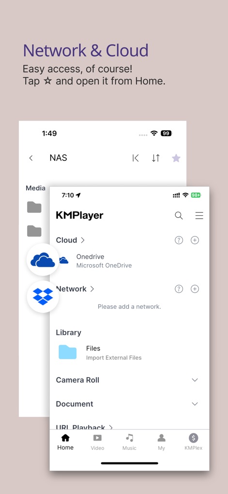 KMPlayer - O aplicativo demonstra sua integração fluida com provedores de armazenamento em nuvem, como o OneDrive, e oferece opções claras para configurar e acessar fontes de mídia em rede, ampliando as possibilidades de reprodução.