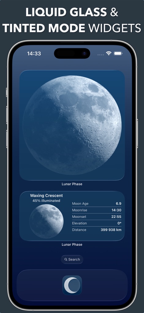 Lunar - Moon Phase & Widgets - I widget offrono un elegante "Liquid Glass design", presentando la fase lunare come "Waxing Crescent" con dati specifici sull'illuminazione.
