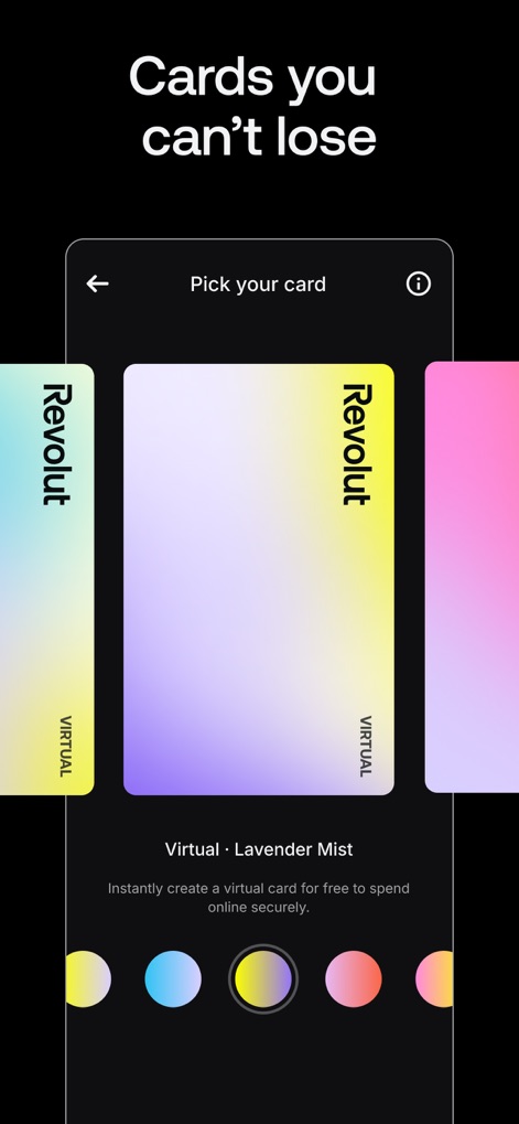 Revolut — Teen Finance - ユーザーは仮想カードを瞬時に無料で生成でき、オンラインでの安全な支出を可能にし、ラベンダーミストを含む豊富なデザインオプションから選択できます。