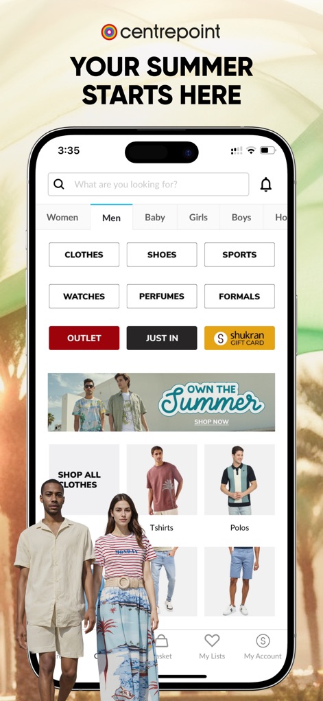 Centrepoint Online Shopping - The app presents a tailored men's shopping experience, offering detailed subcategories like 'Clothes' and 'Shoes' and featuring the 'Shukran Gift Card' option.