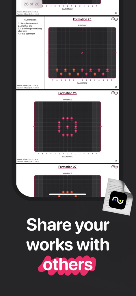 ArrangeUs - Effortlessly distribute creative works, as highlighted by the multiple "formation" displays and the prominent "Share your works with others" feature.