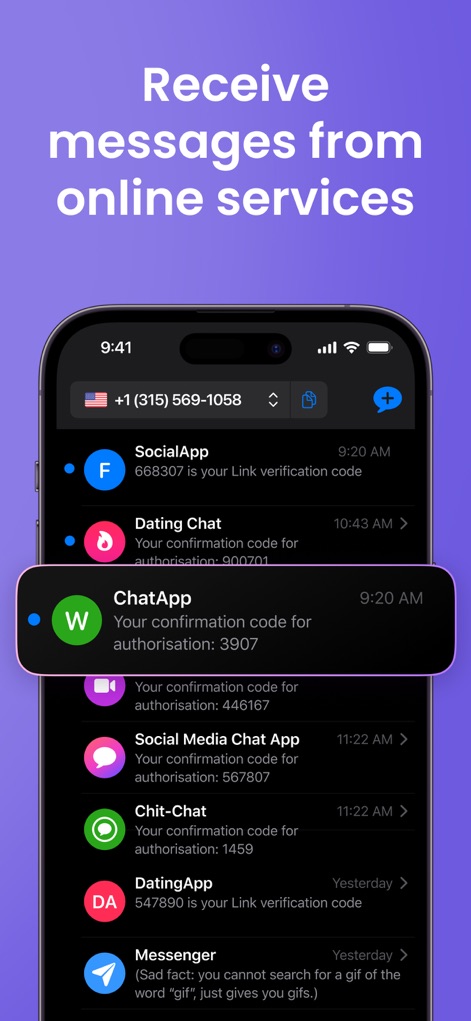 Second Phone Number: 2nd eSIM - 이 앱은 SocialApp 및 ChatApp과 같은 다양한 온라인 서비스로부터 인증 코드를 포함한 메시지를 수신하는 기능을 시각적으로 보여주어, 사용자가 개인 번호 노출 없이 계정을 등록하고 관리할 수 있도록 합니다.