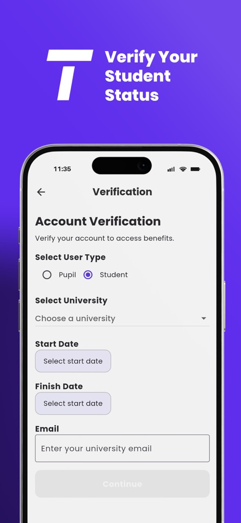 Tolaab - 이 앱은 '사용자 유형(User Type)' 선택과 '대학교(Select University)' 입력 필드를 통해 학생 신분 인증 절차를 명확하게 안내하며, 사용자는 자신의 학생 신분을 쉽게 검증하여 혜택을 이용할 수 있습니다.