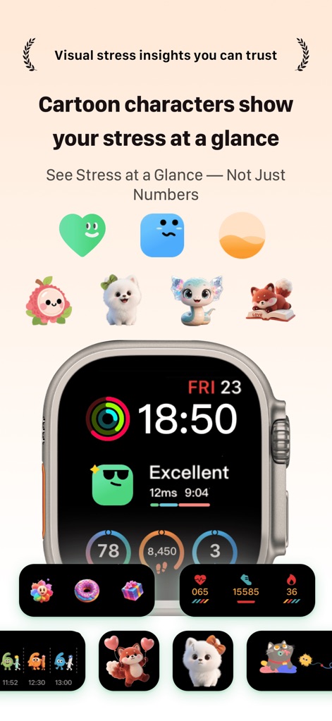 RelaxWatch: Stress&HRV Tracker - ユーザーは、様々な可愛いキャラクターアイコンを通じて自身のストレスレベルを直感的に把握でき、選択されたキャラクターアイコンがApple Watchの文字盤に表示されることで、常に心の状態を視覚的に認識できます。