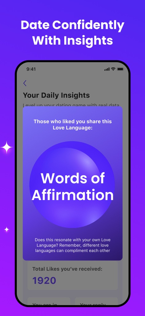 Dil Mil: South Asian Dating - L'app fornisce "Your Daily Insights" che rivelano la "Love Language" di un utente e mostra il "Total Likes you've received", offrendo dati utili per migliorare l'esperienza di dating.