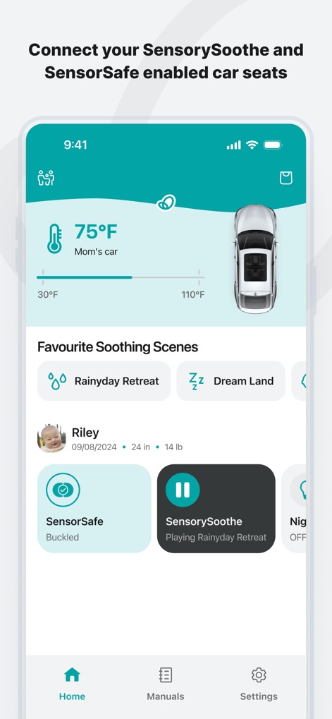 Evenflo - The app's main dashboard provides a comprehensive view of critical safety data, including real-time temperature readings and the active status of SensorySoothe scenes.